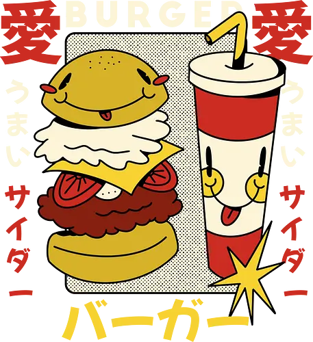 Burger Love – Kawaii Japanische Retro Food Art - burger illustration, kawaii burger kunst, japan retro stil, süße food kunst, burger liebe design, retro japan illustration, lustige food grafik, japan pop art, verspielte illustration, food charakter design, vintage japan ästhetik, kawaii illustration