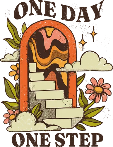 One Day One Step – Vintage Motivation Stairway Art - one day one step, progress illustration, motivational art print, self improvement design, vintage motivation art, personal growth artwork, step by step success, mental health motivation, positive progress art, retro inspirational, slow growth mindset, patience quote art, journey illustration, daily motivation art, encouragement design