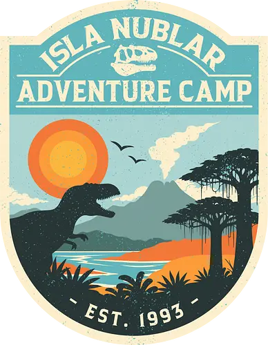 Dinosaur Island Adventure Camp - dinosaur, 90s, adventure, camping, geek, island, nature, nerd, nostalgia, prehistoric, retro, summer camp, t rex, vintage, volcano