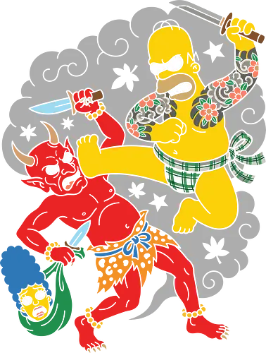 Homer vs. Oni" Japanese Traditional Tattoo Style  - japanese tattoo t-shirt, oni demon graphic tee, simpsons mashup apparel, funny japanese art clothing, japanese mythology parody, irezumi style, anime style top, red oni vs homer design, traditional japanese tattoo shirt, yellow character streetwear, ukiyo-e parody t-shirt, humorous warrior graphic, pop culture crossover merch, vintage tattoo aesthetic clothing, cartoon battle t-shirt, bold illustrative apparel, unique fan art shirt