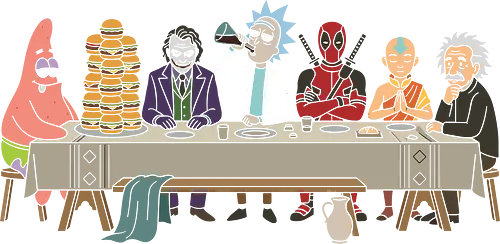 The Pop Culture Supper - last supper parody shirt, pop culture mashup t-shirt, funny rick sanchez graphic tee, sarcastic pop culture t-shirt, cartoon parody fan gift, unique multiverse graphic top, adult swim inspired apparel, comedy crossover t-shirt, legendary characters table art, Antihero and joker crossover apparel, cartoon multiverse dinner design, patrick star burger t-shirt, aang and einstein parody top, humorous art history shirt, geek culture streetwear, funny character mashup clothing, the last supper animation style, iconic character gathering merch, funny nerd fashion