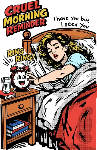 Cruel Morning Reminder - morning struggle, wake up, sleepy morning, hate mornings, love hate relationship, morning alarm, tired woman, relatable humor, daily life, oversleep, funny morning, sleep lover, morning routine, Tags: alarm clock