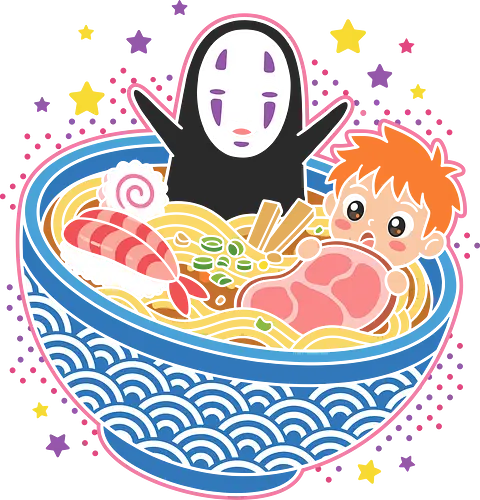 Spirited Ramen Party - spirited away ramen shirt, ponyo and no face t-shirt, kawaii ghibli graphic tee, anime food mashup apparel, cute no face ramen bowl design, ponyo ham and noodles top, japanese studio ghibli merch, spirited away fan gift, kawaii anime foodie t-shirt, blue and orange anime clothing, whimsical ghibli art shirt, kaonashi and ponyo streetwear, aesthetic anime ramen top, japanese wave bowl t-shirt, studio ghibli crossover apparel, magical anime dinner design, trendy kawaii character tee, spirited away inspired fashion, cute anime monster shirt