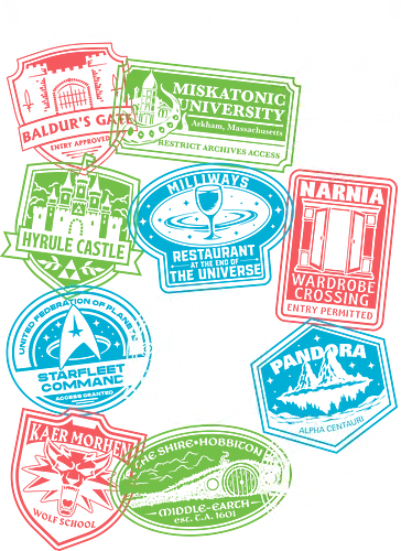 Geek Travel Stamp - classic, movies, video games, cthulhu, traveling, space travel, time travel, travel poster, books, book, bookworm, video game, game, TV show, TV shows, animation, live-action, adventure, fantasy, science fiction, scifi, horror, space opera, medieval, futuristic, rpg, miskatonic university, arkham, lovecraft, h.p. lovecraft, hp lovecraft, cthulhu mythos, lion, wardrobe, stamp, travel, traveler, i love travel, geek, nerd