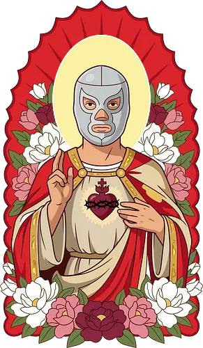 "Santo Luchador" Mexican Lucha Libre Sacred Heart Graphic - lucha libre saint shirt, mexican wrestler t-shirt, sacred heart luchador graphic tee, santo luchador apparel, masked wrestler religious art, chicano style streetwear, mexican folk art t-shirt, silver mask wrestler design, sagrado corazon luchador top, dia de los muertos aesthetic, floral wrestling shirt, traditional mexican icons clothing, lucha libre fan gift, heroic wrestler illustration, red and gold catholic parody, mexican culture graphic tee, luchador with roses t-shirt, vintage lucha libre merch, spiritual wrestling apparel