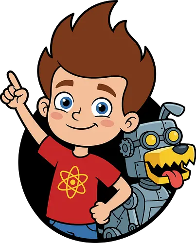 Boy Genius and Robotic Dog - funny science kid clothing, robotic pet graphic tee, retro animation streetwear, vibrant character illustration, kids cartoon fan gift, boy genius shirt, robotic dog t-shirt, jimmy neutron nostalgia apparel, 2000s cartoon graphic tee, goddard the robot dog design, retro nickelodeon clothing, inventor character shirt, science geek t-shirt, atom logo graphic top, childhood memories apparel, silver robot dog merch, 90s and 2000s animation shirt, brain blast t-shirt, tech savvy kid t-shirt