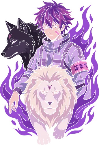 Purple Shadow Summoner - anime summoner shirt, purple hair anime t-shirt, wolf and lion graphic tee, supernatural anime apparel, techwear aesthetic clothing, edgy anime fan gift, vibrant character illustration, fantasy warrior t-shirt, spirit guardian design, purple flames anime top, tactical anime streetwear, cool shonen character shirt, animal familiar t-shirt, violet and pink anime merch, urban ninja aesthetic, mystic warrior clothing, manga style character art, purple aesthetic streetwear, white lion and black wolf
