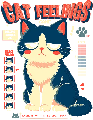 Cat Feelings Game - cat, gamer, gaming, videogame, game, feline, kitty, funny, humor, mood, feelings, attitude, sarcasm, meme, nerd, geek, cute, retro, arcade, player, level, energy, patience, pet, animal, cartoon, illustration, playful, ironic, gaminglife