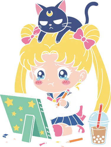 Art Block Sailor - pastel anime aesthetic, sailor moon drawing design, luna perched on head shirt, kawaii desk culture apparel, vibrant anime illustration, trendy otaku fashion, sailor moon art shirt, struggling artist t-shirt, kawaii chibi usagi tee, boba tea anime clothing, art block graphic shirt, cute luna cat design, magical girl sketchbook top, aesthetic anime girl streetwear, funny artist gift, 90s nostalgia anime apparel, chibi sailor moon boba, creative struggle merch, student artist t-shirt