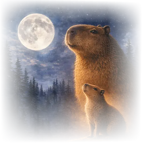 Mystischer Mond Capybara Fantasie Nacht Wildlife Kunst - Mond Capybara, Fantasy Capybara Kunst, süßes Capybara Design, Fantasy Tier Poster, Capybara Mond Kunstwerk, verträumte Wildlife Kunst, mystisches Capybara Design, Mondlicht Capybara, Capybara Nachtszene, magische Capybara Illustration, Capybara Wildlife Kunst, Natur Capybara Design, Tier Mond Illustration, Fantasy Nagetier Kunst