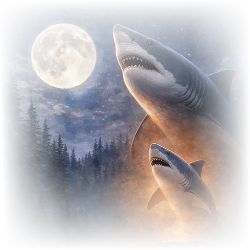 Mystischer Mond Hai Fantasie Ozean Nacht Szene - Mond Hai, Fantasy Hai Kunst, mystisches Hai Design, Hai Mond Szene, Ozean Fantasy Hai, magische Hai Illustration, Hai Nacht Ozean, Hai Wildlife Kunst, verträumte Meereskreatur, Hai Mond Poster, Unterwasser Fantasy Kunst, Ozean Tier Design, mystische Meereskreatur, Hai Nacht Kunst