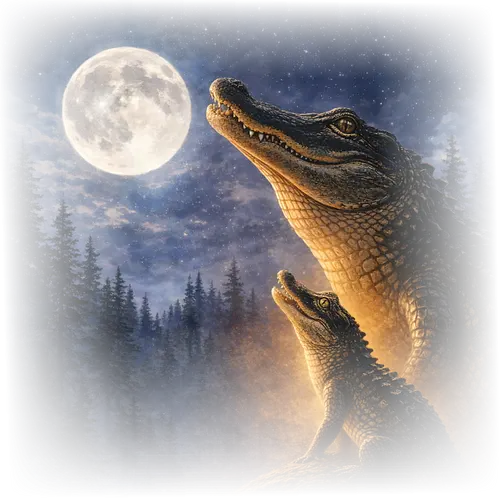 Mystischer Mond Alligator Heult im Fantasie-Nacht Sumpf - Mond Alligator, mystische Alligator Kunst, heulender Alligator, Fantasy Alligator Kunst, Mondlicht Alligator, mystischer Sumpf Alligator, Fantasy Reptil Design, Alligator Nacht Kunst, Mond Sumpf Tier, magische Alligator Illustration, Sumpf Kreatur Kunst, Reptil Mond Poster, Fantasy Wildtier Design, Mond Tier Design