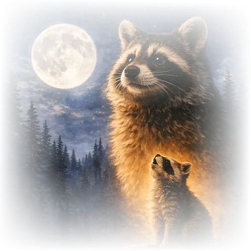 Mystischer Mond Waschbär Heult im Fantasie-Nachtwald - Mond Waschbär, heulender Waschbär, Fantasy Waschbär Kunst, Mondlicht Waschbär, mystisches Waschbär Design, Waschbär Nachtwald, magische Waschbär Illustration, Wald Waschbär Kunst, Waschbär Mond Poster, Fantasy Tier Design, süße Waschbär Kunst, Wald Waschbär Illustration, Mond Tier Design, Fantasy Wildlife Kunst