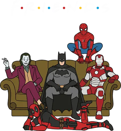 Super Hero Friends" Comic Book Parody Sitcom Couch Graphic - superhero friends shirt, comic book parody t-shirt, friends tv show parody apparel, heroes on a couch design, funny superhero gift, 90s sitcom nostalgia clothing, iconic orange couch t-shirt, pop culture mashup top, superhero friendship merch, funny comic character streetwear, mashup tee, comedy design, dark knight and web-slinger t-shirt