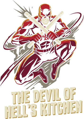 THE DEVIL OF HELL'S KITCHEN - red suit superhero, hell's kitchen hero, comic book art, action hero t-shirt, superhero clothing, man without fear, gritty superhero design, billy clubs, martial arts superhero, comic book merchandise, dark hero apparel, blind hero t-shirt, fan apparel, murdock, merch