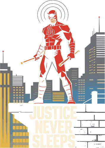 JUSTICE NEVER SLEEPS - man without fear clothing, red superhero tee, vigilante apparel, hell's kitchen hero, city rooftop design, superhero silhouette, comic book art tee, radar sense illustration, dark gritty shirt, retro superhero style, night time hero, vintage comic book art, justice never sleeps shirt, murdock shirt, billy clubs