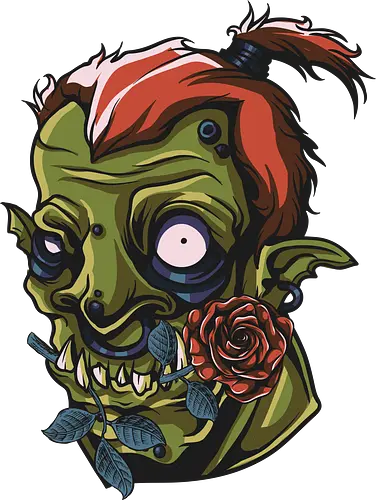 Zombie Skull with Rose – Dark Gothic Punk Horror Tattoo Style Art - undead art, spooky design, halloween shirt, edgy graphic, macabre art, alternative style, horror illustration, skull tattoo style, punk rock design, zombie skull, skull art, horror design, gothic style, punk aesthetic, tattoo art, creepy skull, dark art, horror streetwear, gothic fashion, skull with rose
