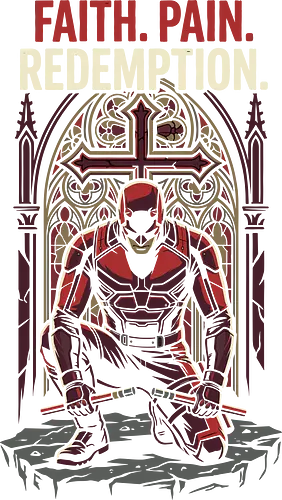 DAREDEVIL: FAITH PAIN REDEMPTION - red suit superhero, catholic superhero, religious art, stained glass design, gothic art, superhero apparel, comic book t-shirt, dark hero, faith pain redemption, man without fear, red suit superhero shirt, gothic apparel, fan apparel, murdock