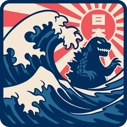 Japanese Wave Sign - Kaiju, Vintage, Retro, Retro Vintage, Movie, Classic Movie, Monster, Giant Monster, Giant Monsters, Fantasy, Adventure, Science Fiction, Scifi, Mt. Fuji, Mount Fuji, The Great Wave, Great Wave, The Great Wave Of Kanagawa, Hokusai, Japan, Japanese, Japanese Art