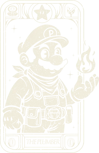 The Plumber - plumber, hero, retro, gaming, videogame, nostalgia, classic, card, tarot, fantasy, pixel, arcade, legend, character, funny, humor, geek, nerd, vintage, aesthetic, illustration, cartoon, mustache, firepower, adventure, iconic, oldschool, gamerlife, design, collectible