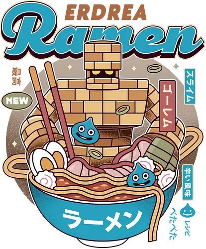 Erdrea Monsters Ramen Vintage - erdrea, rpg, jrpg, echoes of an elusive age, ramen, Quest, dragon quest xi, slime, king slime, monsters, golem, gaming, gamer, video game, video games