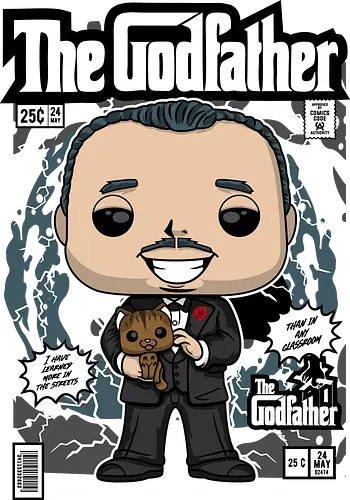 The Godfather – Mafia Boss - the godfather, mafia boss, don corleone, crime movie, classic film, gangster aesthetic, funko style, chibi mafia, pop figure style, stylized character, collectible design, movie icon, vintage cinema, mob boss, cute stylized