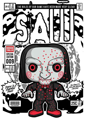 Saw – Jigsaw Killer - saw movie, jigsaw, horror villain, billy puppet, horror film, dark thriller, funko style, chibi horror, pop figure style, stylized character, collectible design, creepy doll, scary cute, horror icon, spooky aesthetic