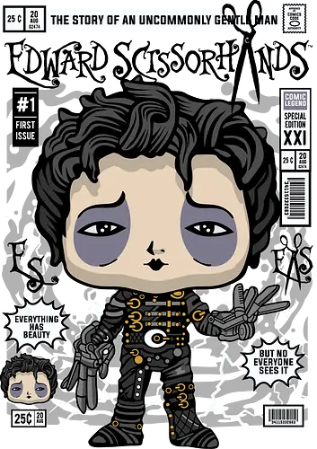 Edward Scissorhands – Gentle Soul - edward scissorhands, gothic character, dark fantasy film, tim burton style, scissor hands, movie character, funko style, chibi gothic, pop figure style, stylized character, collectible design, sad aesthetic, fantasy romance, cute dark, iconic film