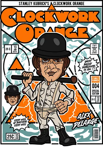 A Clockwork Orange – Alex DeLarge - a clockwork orange, alex delarge, cult film, dystopian movie, classic cinema, psychological film, funko style, chibi character, pop figure style, stylized design, collectible figure, retro aesthetic, film icon, vintage cinema, cute stylized