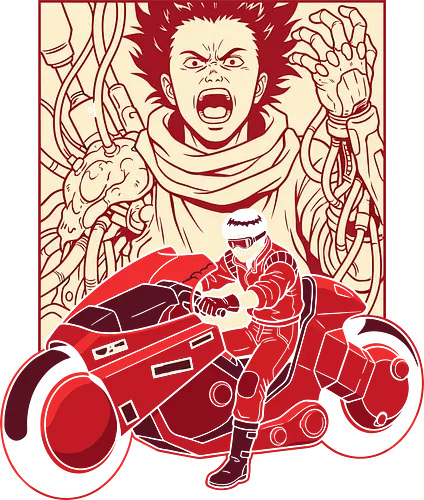 AKIRA Legacy - Kaneda's Bike and Tetsuo's Fury Anime - limited edition print, high-contrast illustration., akira shirt, katsuhiro otomo, kaneda bike, tetsuo shima, neo-tokyo apparel, anime streetwear, sci-fi anime design, biomechanical arm, kaneda's motorcycle, akira movie merch, cyberpunk t-shirt, otaku fashion, vintage anime style, akira manga, custom anime art, tetsuo transformation, japanese pop culture