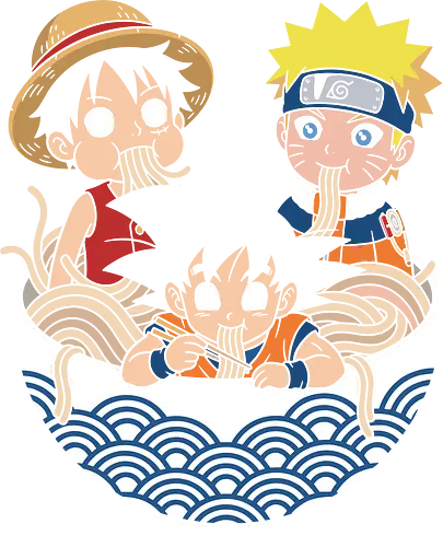 pirate, Shinobi, Goku Ramen Crossover - Luffy Naruto Goku Crossover, Anime Heroes Eating Ramen, One Piece Dragon Ball Naruto, Chibi Anime Mashup, Big Three Anime Tee, Cute Goku Eating, Kawaii Luffy, Naruto Ramen Graphic, Otaku Apparel, Manga Fan Art Print, Japanese Noodle Bowl, Goku Son, Monkey D. Luffy, Uzumaki Naruto, Shonen Jump Crossover, Anime Merch for Guys, Cute Anime Gift