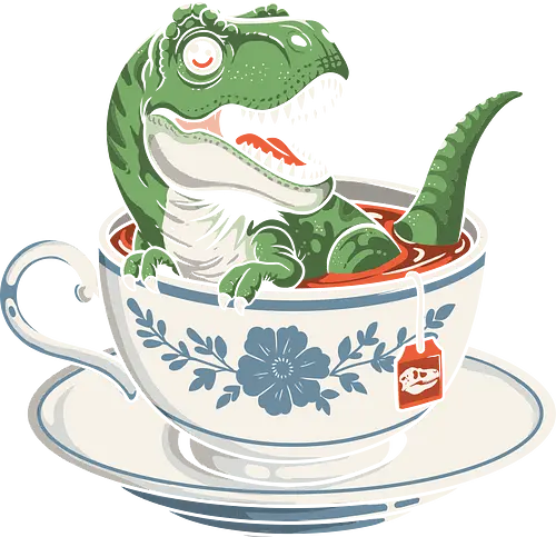 Tea Rex - dinosaur, trex, tea, teacup, cute, kawaii, funny, humor, pun, animal, reptile, jurassic, cozy, drink, beverage, coffee, cafe, adorable, cartoon, illustration, playful, aesthetic, vintage, retro, quirky, weird, gift, nerd, geek, fantasy, creatures