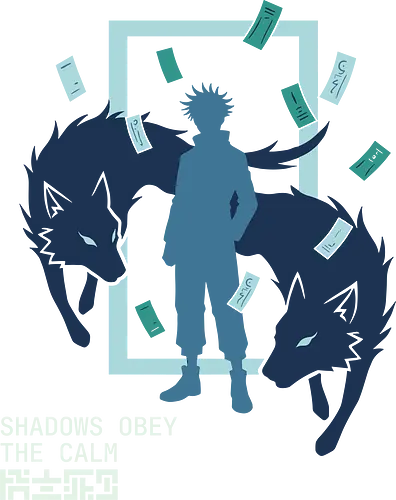 Shadows Obey The Calm - teal and navy anime tee, dark fantasy manga merch, spiritual warrior apparel, geometric anime design, calm power graphic, shonen jump fan gear, wolf summoner t-shirt, edgy otaku fashion, shadows obey the calm shirt, spirit wolf t-shirt, anime shikigami graphic tee, megumi inspired apparel, shadow wolf design, mystical talisman clothing, zen anime streetwear, blue eye wolf art, supernatural hunter top, minimalist anime silhouette, ofuda charm shirt