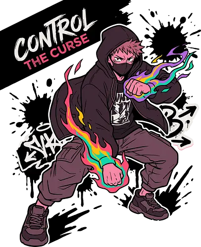 Control The Curse - cursed power merch, anime cargo pants style, street style warrior top, vibrant anime graphic, demon hunter apparel, trendy anime fan gift, control the curse shirt, urban anime streetwear, techwear warrior t-shirt, cursed energy graphic tee, anime hoodie mask design, supernatural fighter apparel, graffiti style anime top, neon flame warrior shirt, modern shonen streetwear, japanese aesthetic clothing, sorcerer battle t-shirt, edgy otaku fashion, ink splatter anime art