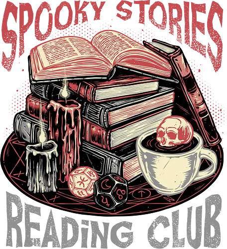 Spooky Stories Reading Club - Spooky, books, book, reading, stories, skull, coffee