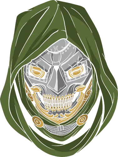 Iron Monarch Victorious Overlord - master strategist clothing, iron monarch shirt, armored villain t-shirt, victor von doom inspired apparel, green hooded overlord design, classic comic book villain graphic tee, metal mask streetwear, sorcerer sovereign clothing, retro comic aesthetic top, forest green and gold graphic shirt, minimalist comic art apparel, legendary antagonist t-shirt, tech-magic warrior merch, sovereign ruler streetwear, high-contrast villain portrait, geek culture fashion, vintage comic style top, metallic mask graphic tee, powerful sorcerer apparel