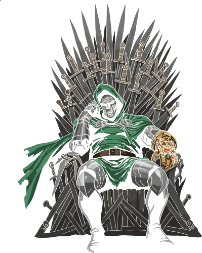 The Iron Throne Overlord - dark fantasy crossover streetwear, iron throne overlord shirt, armored villain t-shirt, doctor doom on throne apparel, infinity gauntlet crossover tee, epic fantasy sword throne clothing, comic book sovereign design, golden gauntlet graphic top, metal mask ruler shirt, forest green and gold apparel, throne of swords fan art, universe conqueror t-shirt, geek culture mashup clothing, legendary sorcerer streetwear, armored monarch graphic tee, medieval comic book art, villainous ruler merch, intergalactic tyrant apparel, gift for hardcore comic fans