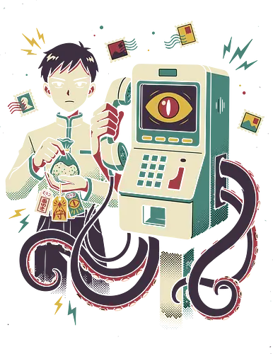 "Spectral Connection" Retro Japanese Surreal Anime - supernatural communication merch, bizarre japanese streetwear, occult anime fan gift, eye-screen phone graphic, eerie anime character shirt, unique otaku fashion, spectral connection shirt, haunted payphone t-shirt, surreal anime graphic tee, japanese urban legend apparel, tentacle horror design, retro 90s anime clothing, mystical charms t-shirt, ofuda aesthetic streetwear, cosmic horror anime top, teal and purple graphic shirt, vintage halftone anime art, psychological thriller apparel, mystery anime t-shirt