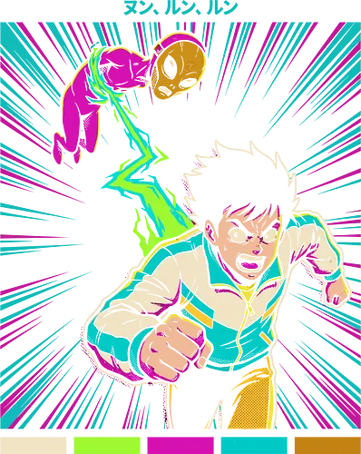 Psychic Chase - supernatural action t-shirt, vintage halftone anime art, cyan and magenta anime top, psychic boy t-shirt, psychic chase shirt, retro anime t-shirt, esper graphic tee, high energy anime apparel, 90s anime aesthetic clothing, psychic power design, neon anime streetwear, spectral entity graphic, vibrant shonen streetwear, anime sprint graphic, mysterious alien art shirt, retro manga fan gift, explosive anime style, psychic battle apparel, trendy otaku fashion