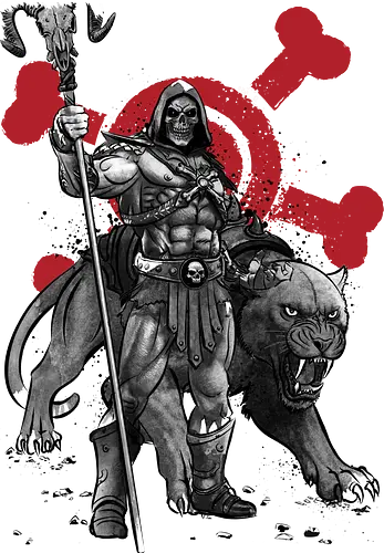 Evil lord of destruction and panther sumi e - he man, skeletor, castle grayskull, retro, animation, sumi e, japanese art, 80s cartoons, 90s, movies, fantasy