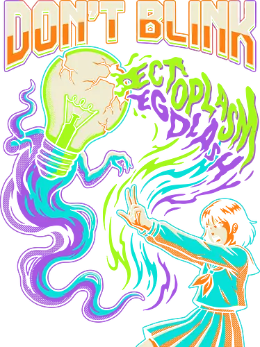 Retro Paranormal Anime Girl - don't blink shirt, ectoplasm splash t-shirt, supernatural anime girl graphic tee, psychic exorcist apparel, ghost hunting design, retro 90s anime clothing, neon paranormal streetwear, lightbulb ghost t-shirt, aesthetic anime girl top, vibrant occult merch, japanese supernatural fashion, schoolgirl exorcist shirt, bold typography anime tee, psychic battle apparel, vintage halftone graphic, creepy cute anime art, neon green and purple clothing, mystery anime streetwear, spirit summoner t-shirt