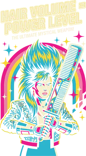 80s Glam Rock Retro Anime - flashy otaku fashion, retro pop culture streetwear, bold 80s graphic t-shirt, hair volume power level shirt, 80s glam rock t-shirt, retro anime parody tee, neon pop art clothing, big hair aesthetic apparel, funny power level graphic, rockstar anime t-shirt, vintage 80s rainbow design, colorful music lover shirt, synthwave aesthetic top, glam metal fan merch, shonen anime parody clothing, mystical comb weapon art, nostalgic 80s fashion, vibrant character graphic tee, hair stylist humor gift
