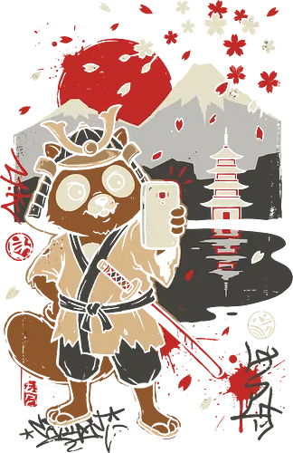Tanuki Samurai Selfie - tanuki samurai shirt, japanese raccoon dog t-shirt, samurai selfie graphic tee, mount fuji apparel, vintage japanese aesthetic clothing, cute tanuki warrior design, rising sun samurai top, pagoda and cherry blossom shirt, japanese folklore streetwear, funny samurai t-shirt, traditional japanese art tee, distressed graphic apparel, samurai armor tanuki top, japanese travel souvenir shirt, quirky animal samurai merch, lo-fi japanese aesthetic clothing, ukiyo-e style modern t-shirt, tanuki fan gift, japanese scenery graphic tee