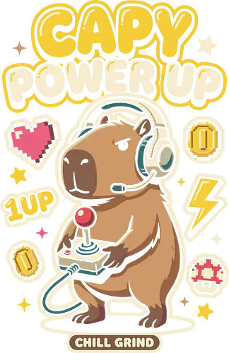 Gamer Capybara Retro 8-Bit Pixel Art Graphic - capy power up shirt, gamer capybara t-shirt, retro gaming capybara gear, 8-bit pixel art graphic tee, chill grind gaming apparel, cute animal gamer clothing, vintage arcade joystick design, 1UP power-up t-shirt, pixel heart capybara top, cozy gaming aesthetic streetwear, funny capybara gamer gift, retro video game merch, yellow aesthetic gamer shirt, capybara with headphones art, arcade culture clothing, nostalgic gaming t-shirt, pixelated mushroom graphic, kawaii gamer capybara top, gaming motivation apparel