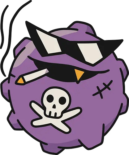 Edgy Retro Poison Gas Monster - poisonous vapor graphic, skater style monster shirt, unique character illustration tee, dark humor apparel, bold purple graphic t-shirt, oxic swagger shirt, edgy monster t-shirt, purple gas cloud graphic tee, skull and crossbones apparel, retro poison monster design, urban streetwear top, aviator sunglasses monster shirt, gritty character art t-shirt, rebellious fashion merch, purple and black graphic tee, underground street art clothing, toxic fume character top, cool monster t-shirt, edgy aesthetic streetwear