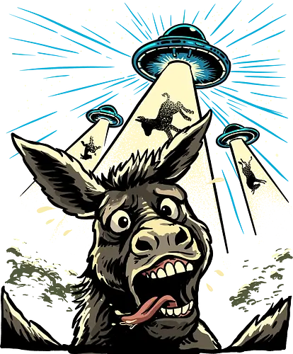 Donkey Abduction - equestrian, equine, extraterrestrial, farm, farming, donkey, abduction, alien, animal, mule, sci fi, selfie, space, spaceship, ufo