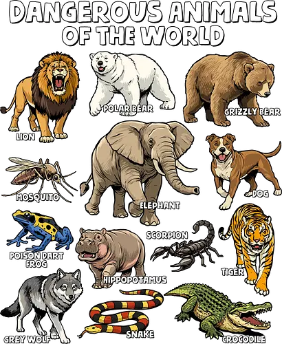 Dangerous Animals of the World - wolf, animals of the world, animal, bear, crocodile, danger, dangerous, elephant, lion, mosquito, snake, tiger, violence, wild animals, wildlife