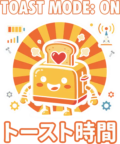 Toast Mode: On Kawaii Toaster Robot Retro Japanese Graphic - toast mode on shirt, kawaii toaster t-shirt, happy kitchen robot graphic tee, japanese breakfast apparel, cute food robot design, retro sun aesthetic clothing, toast mode on top, funny kitchen gadget t-shirt, kawaii kitchenware merch, yellow and orange graphic shirt, japanese typography toaster tee, adorable robot t-shirt, breakfast lover gift, whimsical kitchen art clothing, heart toast graphic, tech-themed kawaii shirt, cheerful robot apparel, unique food character top, sunny morning graphic t-shirt