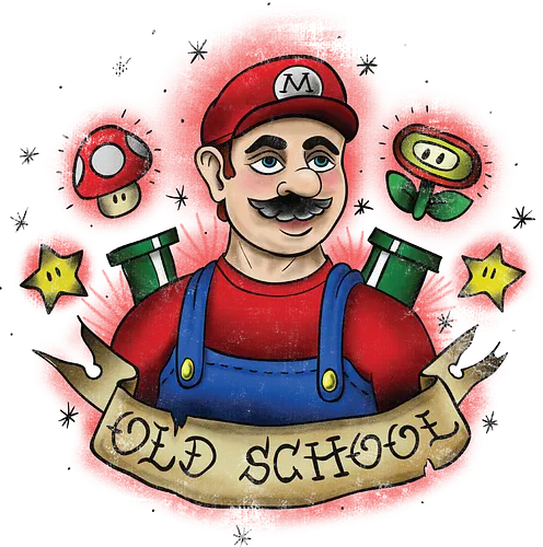 Old School Klempner - Retro Mario - old school tattoo, vintage mario, gamer kleidung, shigeru miyamoto, teetan, super mushroom, piranha pflanze, mario power up, klassisches nintendo, retro kunst, mario klempner, 80er gaming, gamer nostalgie, mario t-shirt, maskottchen