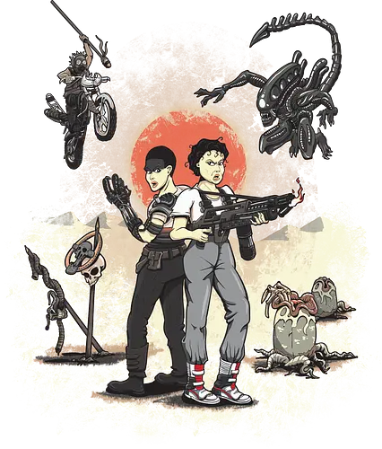 Wasteland-Kriegerinnen - Furiosa Trifft Ripley - furiosa t-shirt, ellen ripley alien, mad max fury road, kino kleidung, ikonische heldinnen, teetan, xenomorph, wasteland, sigourney weaver, klassische sci-fi, action kino, episches mashup, immortan joe, postapokalyptische kunst, kino kriegerinnen